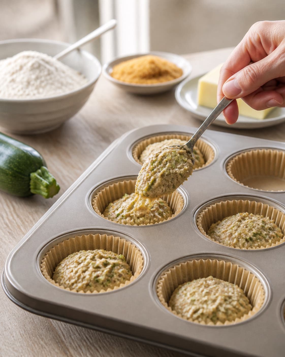 sunde squashmuffins being portioned evenly before baking under tilberedningen af sunde squashmuffins