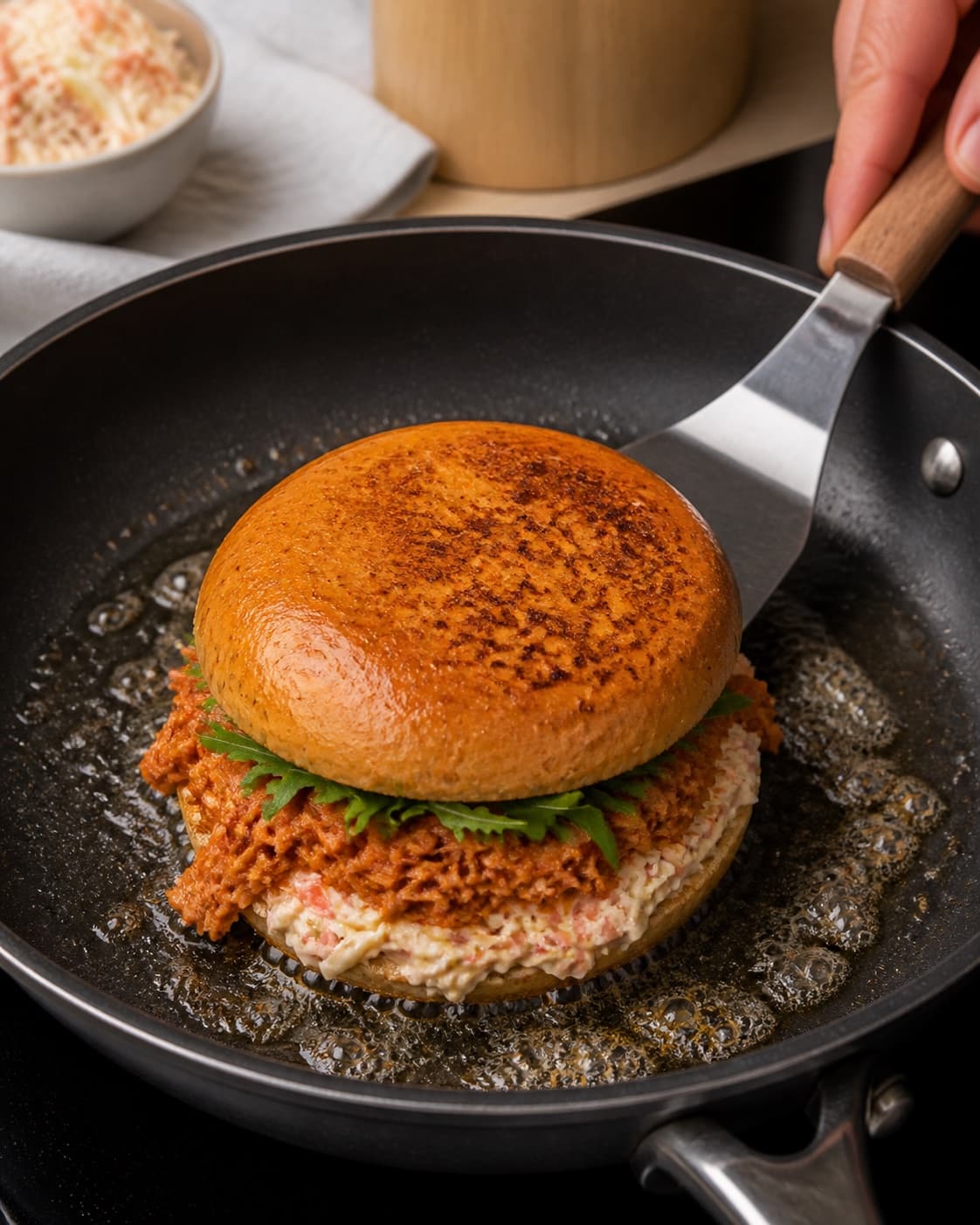 pulled chicken burger med coleslaw frying to an even golden crust in a pan under tilberedningen af pulled chicken burger med coleslaw