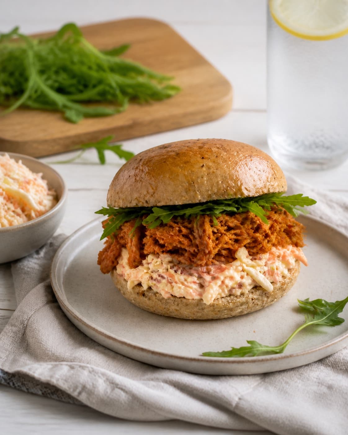 Golden pulled chicken burger med coleslaw resting briefly before serving under tilberedningen af pulled chicken burger med coleslaw