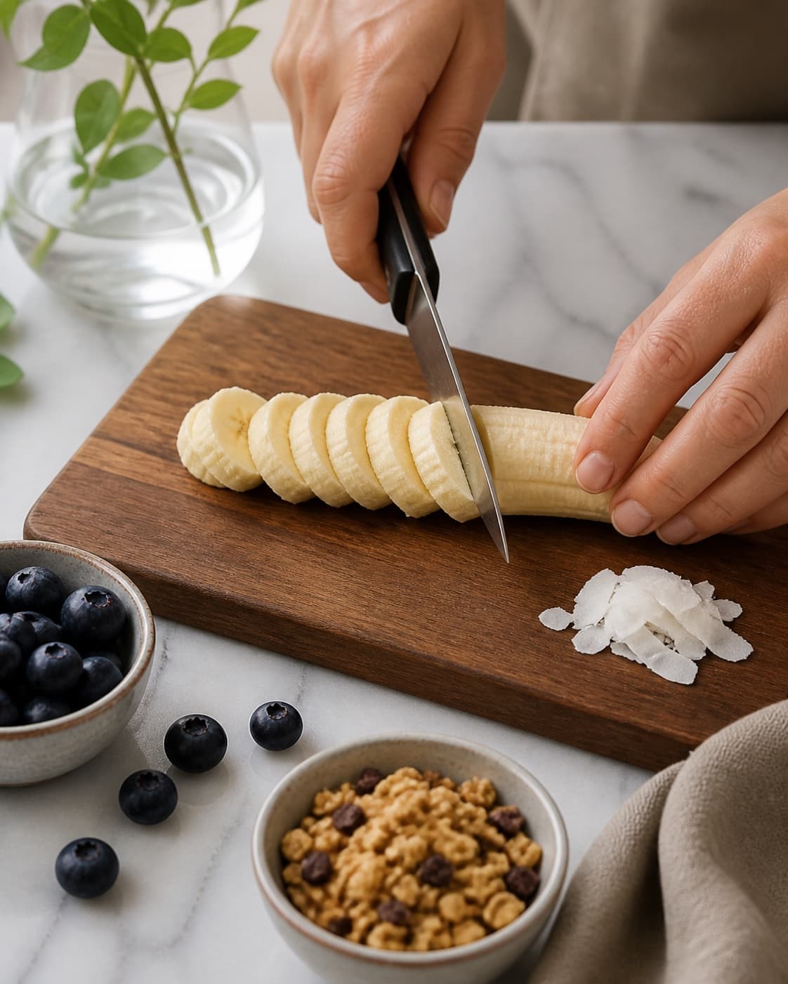 Ingredients for acai bowl being cut into even pieces under tilberedningen af acai bowl