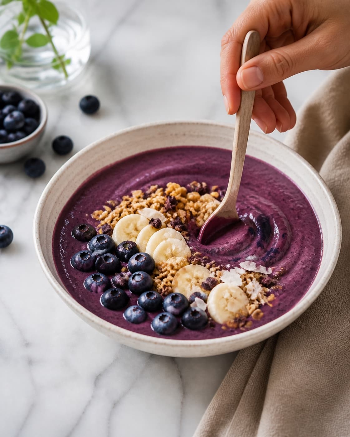 acai bowl being gently combined without crushing the ingredients under tilberedningen af acai bowl