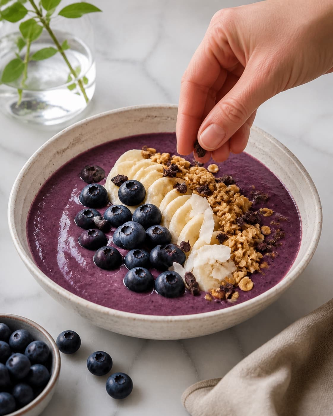 Fresh finished acai bowl receiving its final garnish under tilberedningen af acai bowl
