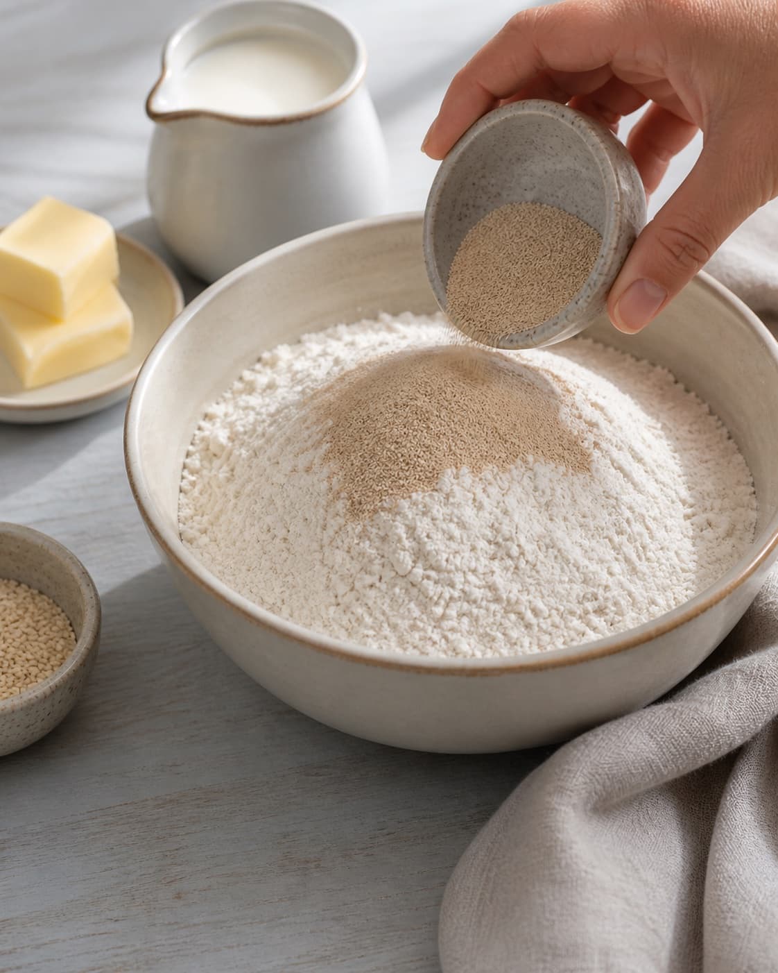 Prepared mixture for burgerboller med sesamfrø with hvedemel, sødmælk, gær, smør under tilberedningen af burgerboller med sesamfrø