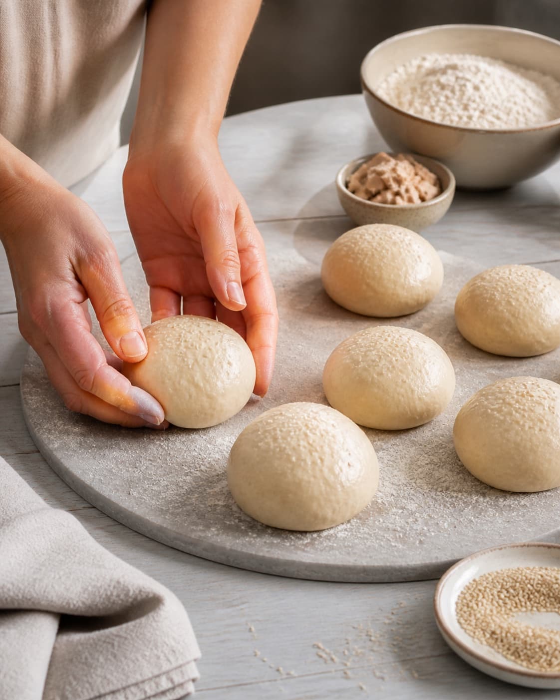 Equal portions of burgerboller med sesamfrø being formed under tilberedningen af burgerboller med sesamfrø