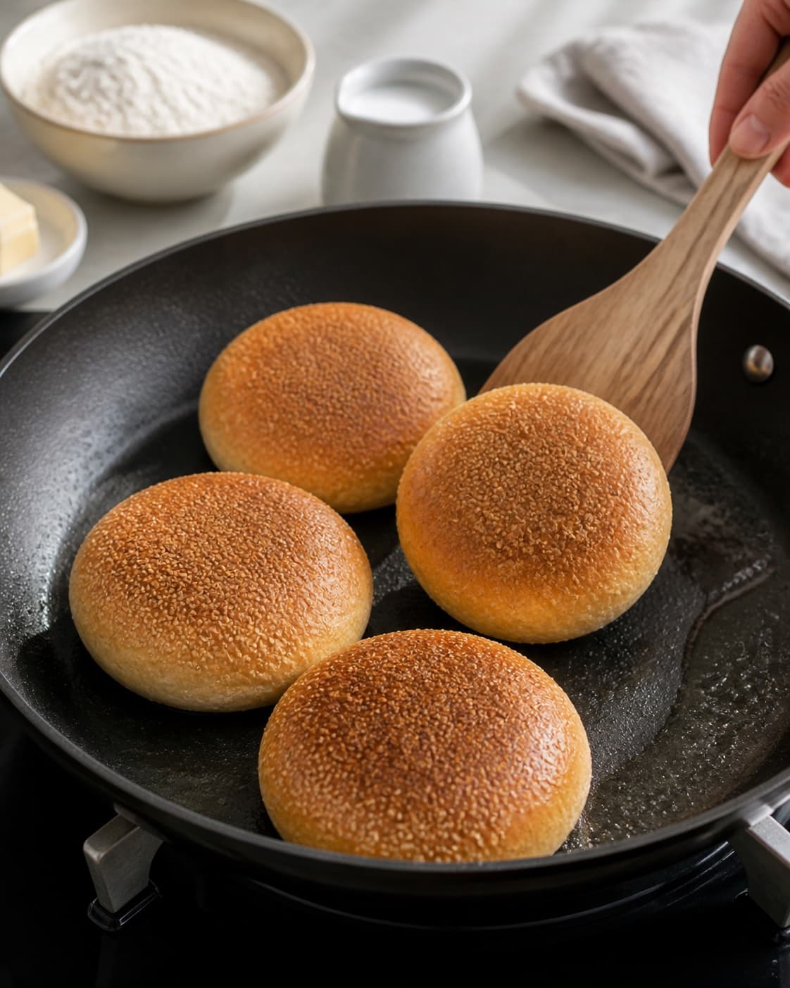 burgerboller med sesamfrø frying to an even golden crust in a pan under tilberedningen af burgerboller med sesamfrø
