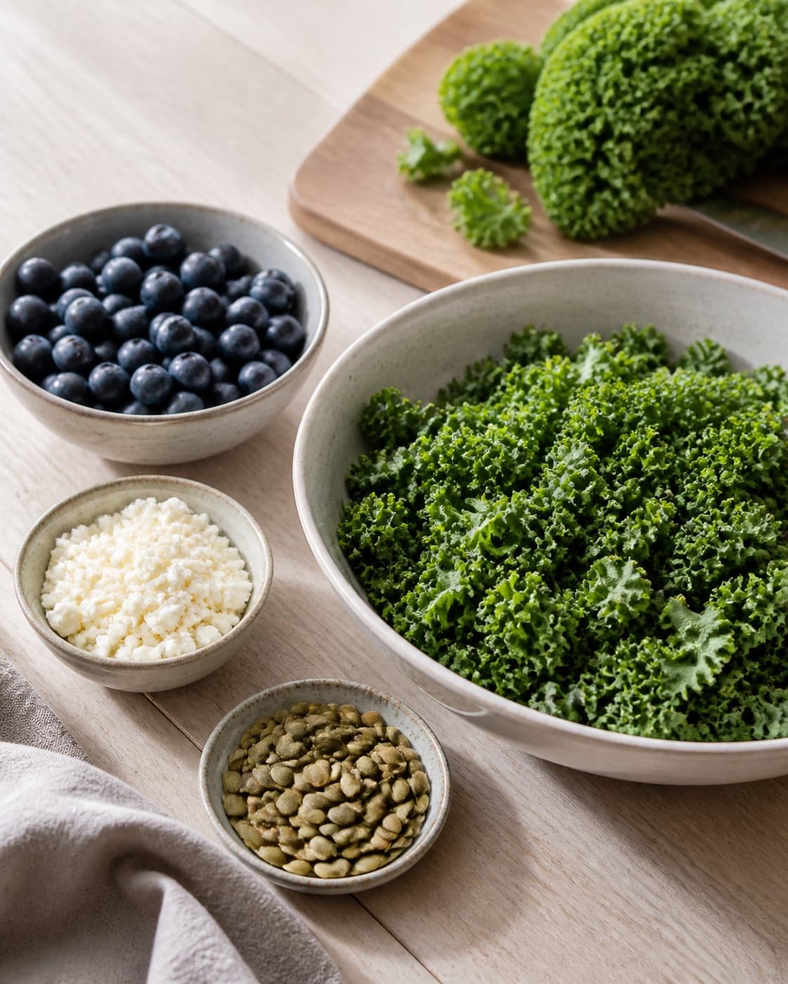 Clean prepared ingredients for grønkålssalat med blåbær og ristede græskarkerner with grønkål, blåbær, græskarkerner, feta under tilberedningen af grønkålssalat med blåbær og ristede græskarkerner