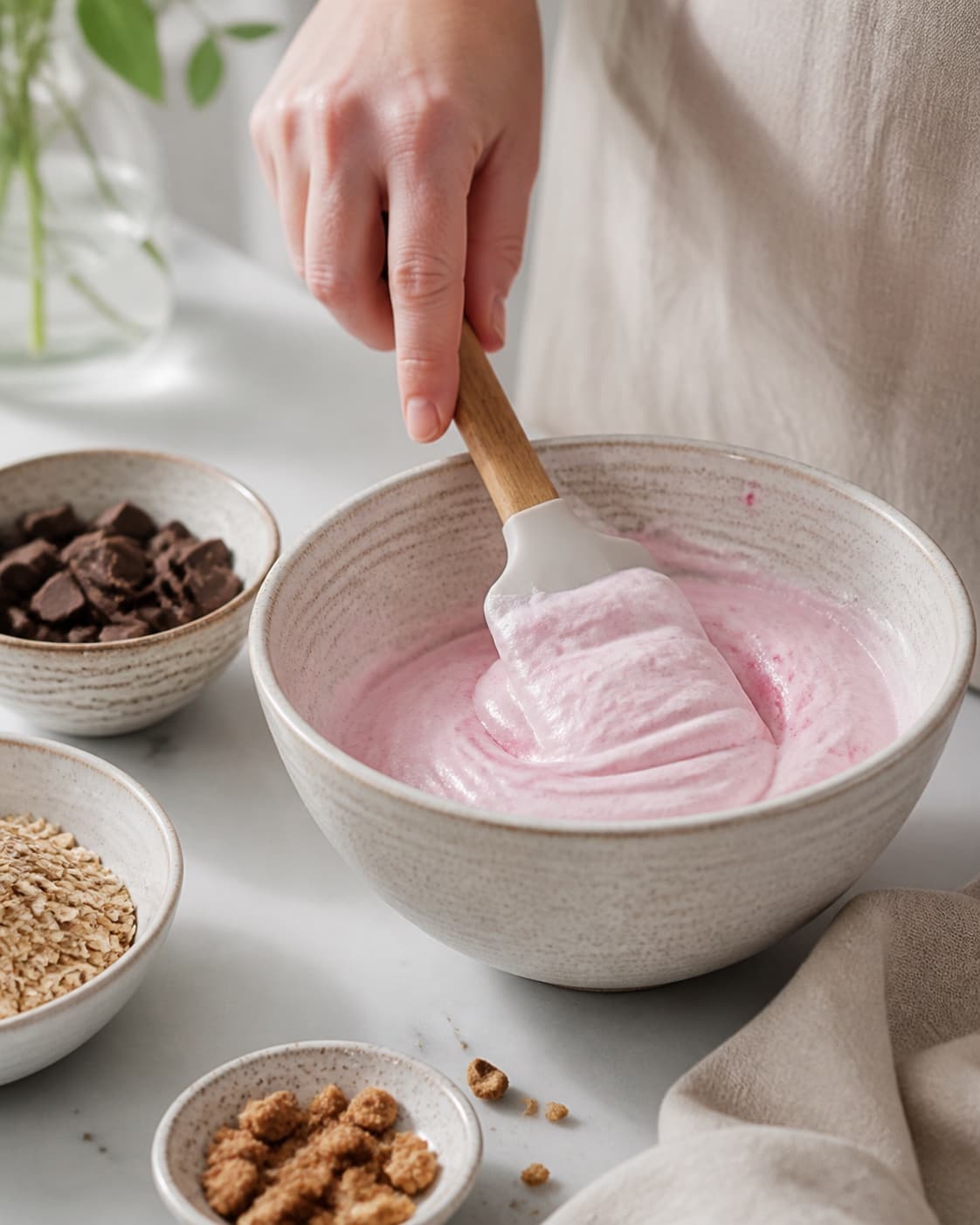 The batter or dough for is sandwich med cookies being gently combined under tilberedningen af is sandwich med cookies