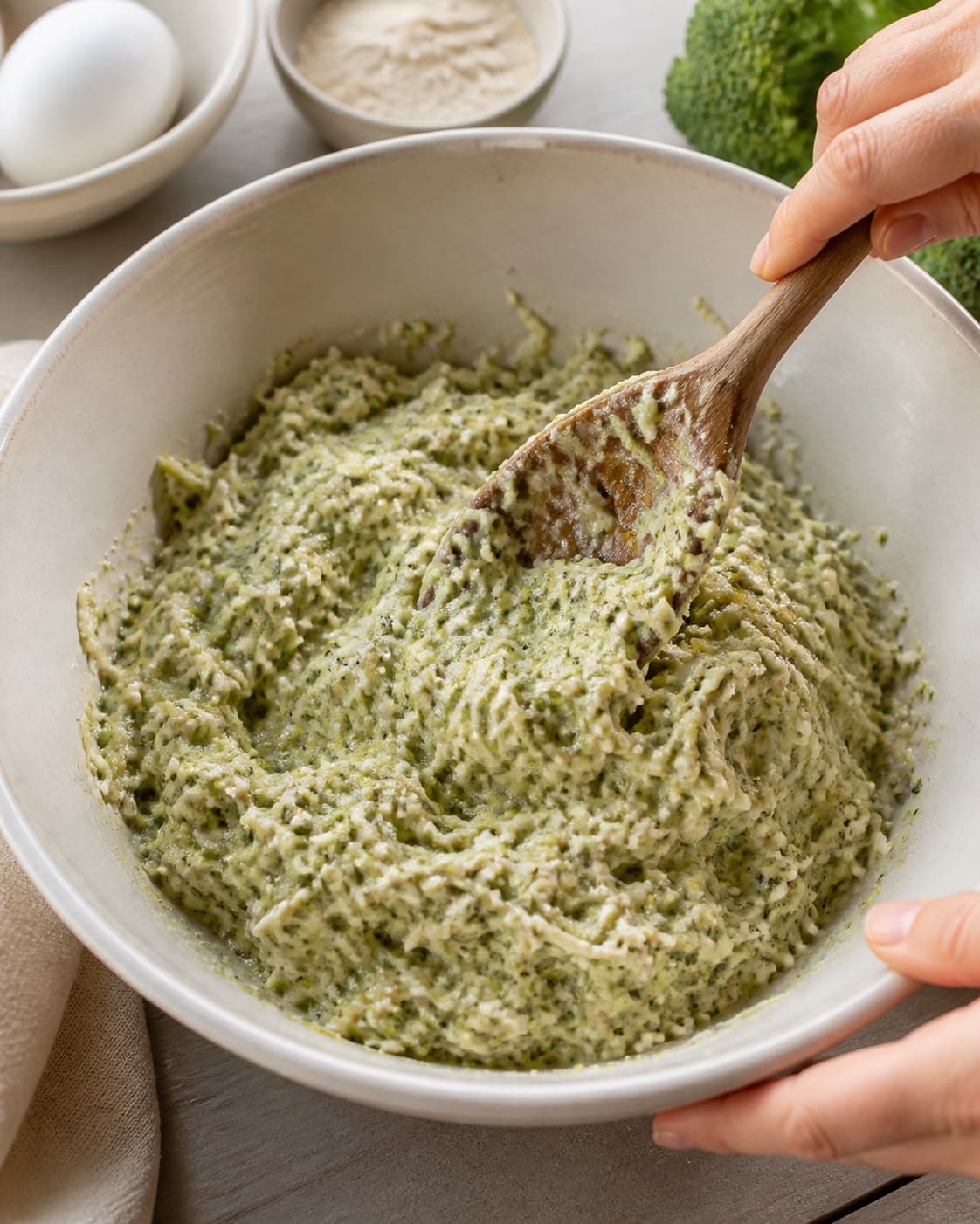 Close view of the moist dough for broccoliboller uden mel being mixed in a bowl with broccoli, æg, mozzarella, psylliumfrøskaller under tilberedningen af broccoliboller uden mel