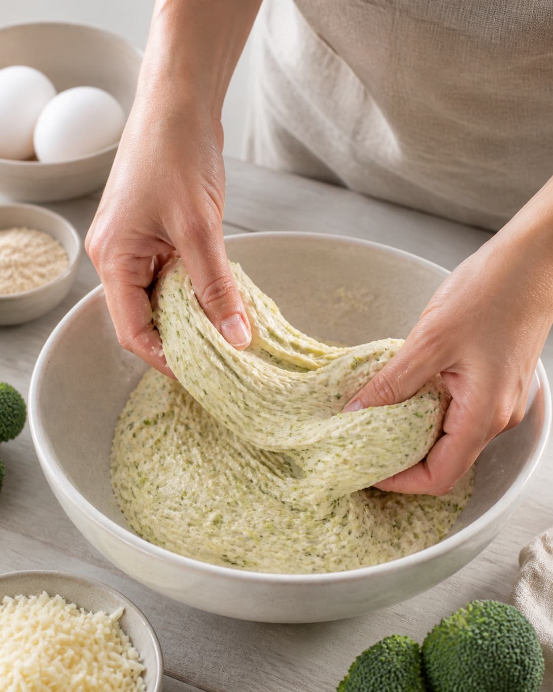 Hands gently folding elastic dough for broccoliboller uden mel under tilberedningen af broccoliboller uden mel
