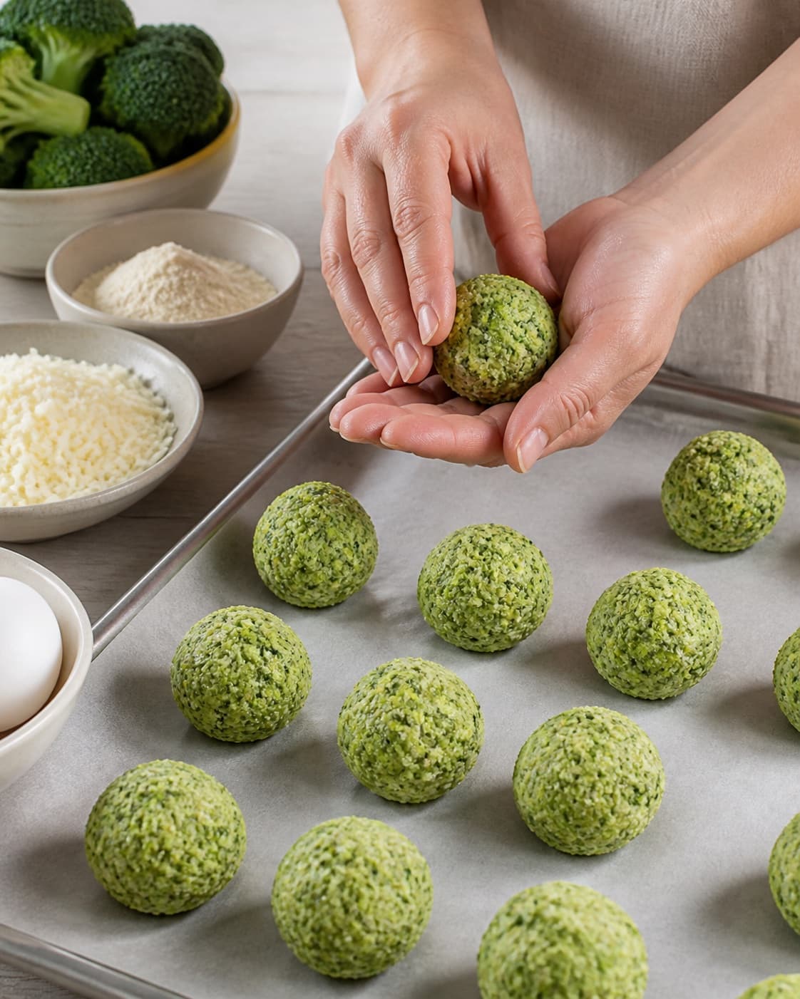 Even pieces of broccoliboller uden mel being shaped before baking under tilberedningen af broccoliboller uden mel