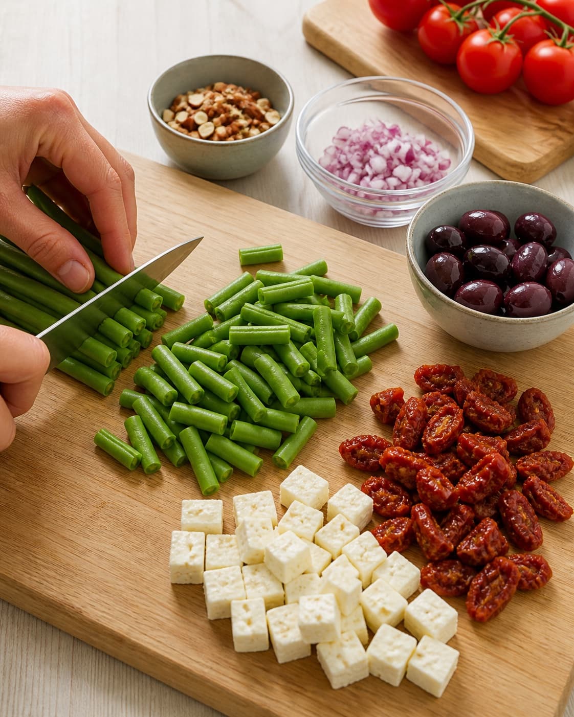 Ingredients for bønnesalat med grønne bønner, feta og soltørrede tomater being cut into even pieces under tilberedningen af bønnesalat med grønne bønner, feta og soltørrede tomater