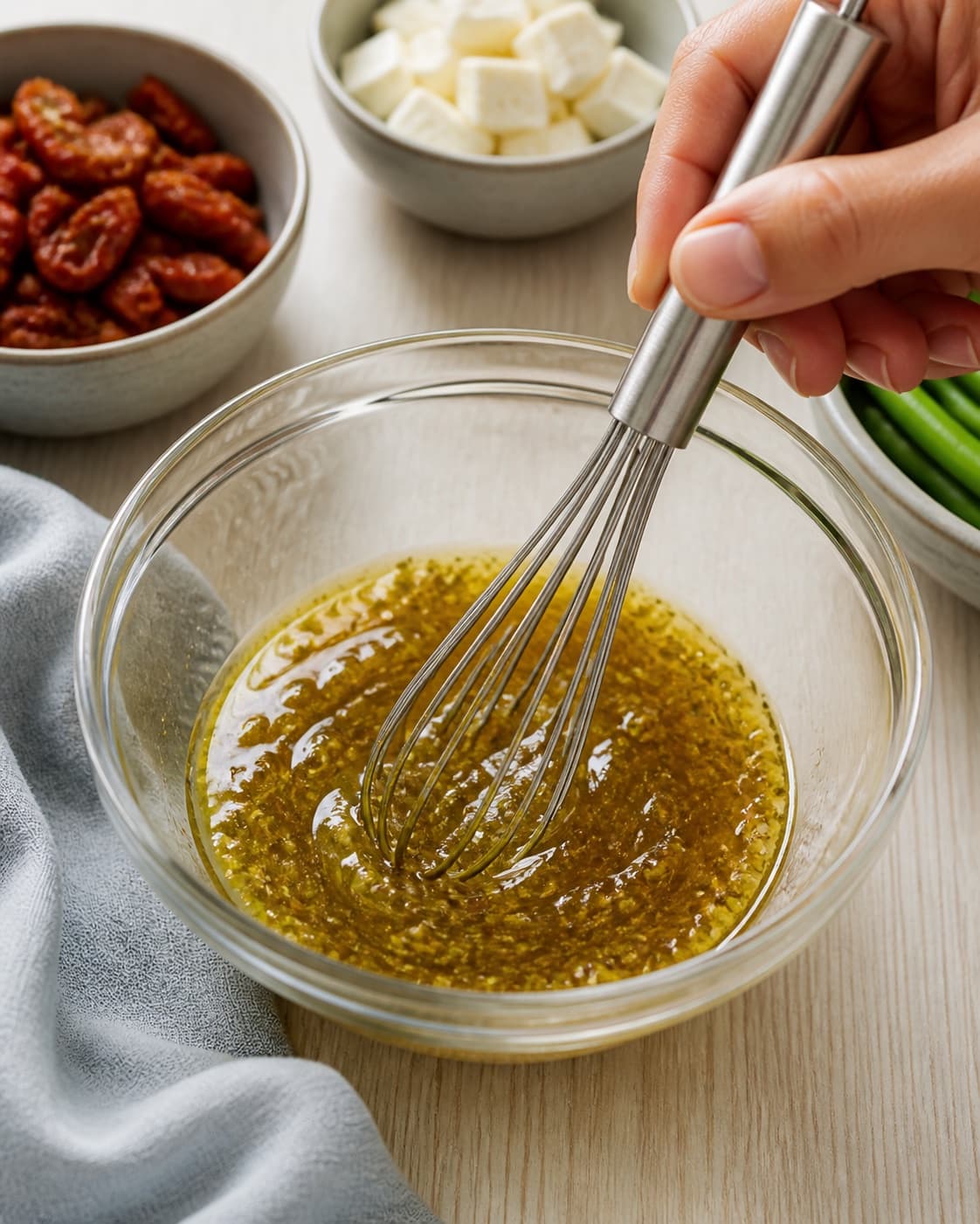 Dressing for bønnesalat med grønne bønner, feta og soltørrede tomater being whisked until glossy under tilberedningen af bønnesalat med grønne bønner, feta og soltørrede tomater