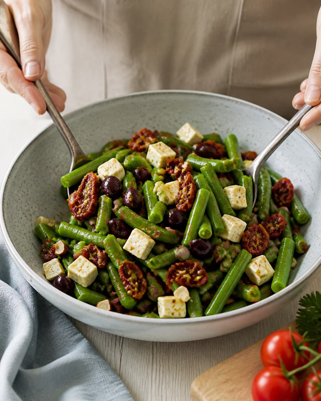 bønnesalat med grønne bønner, feta og soltørrede tomater being gently combined without crushing the ingredients under tilberedningen af bønnesalat med grønne bønner, feta og soltørrede tomater
