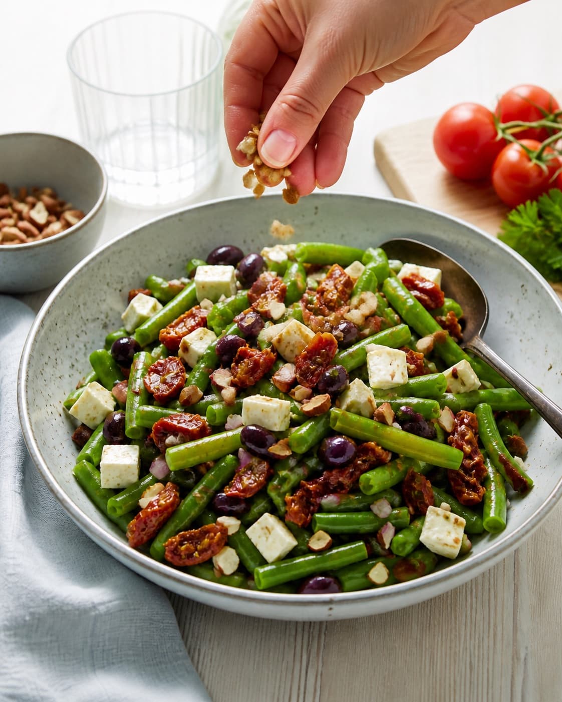 Fresh finished bønnesalat med grønne bønner, feta og soltørrede tomater receiving its final garnish under tilberedningen af bønnesalat med grønne bønner, feta og soltørrede tomater