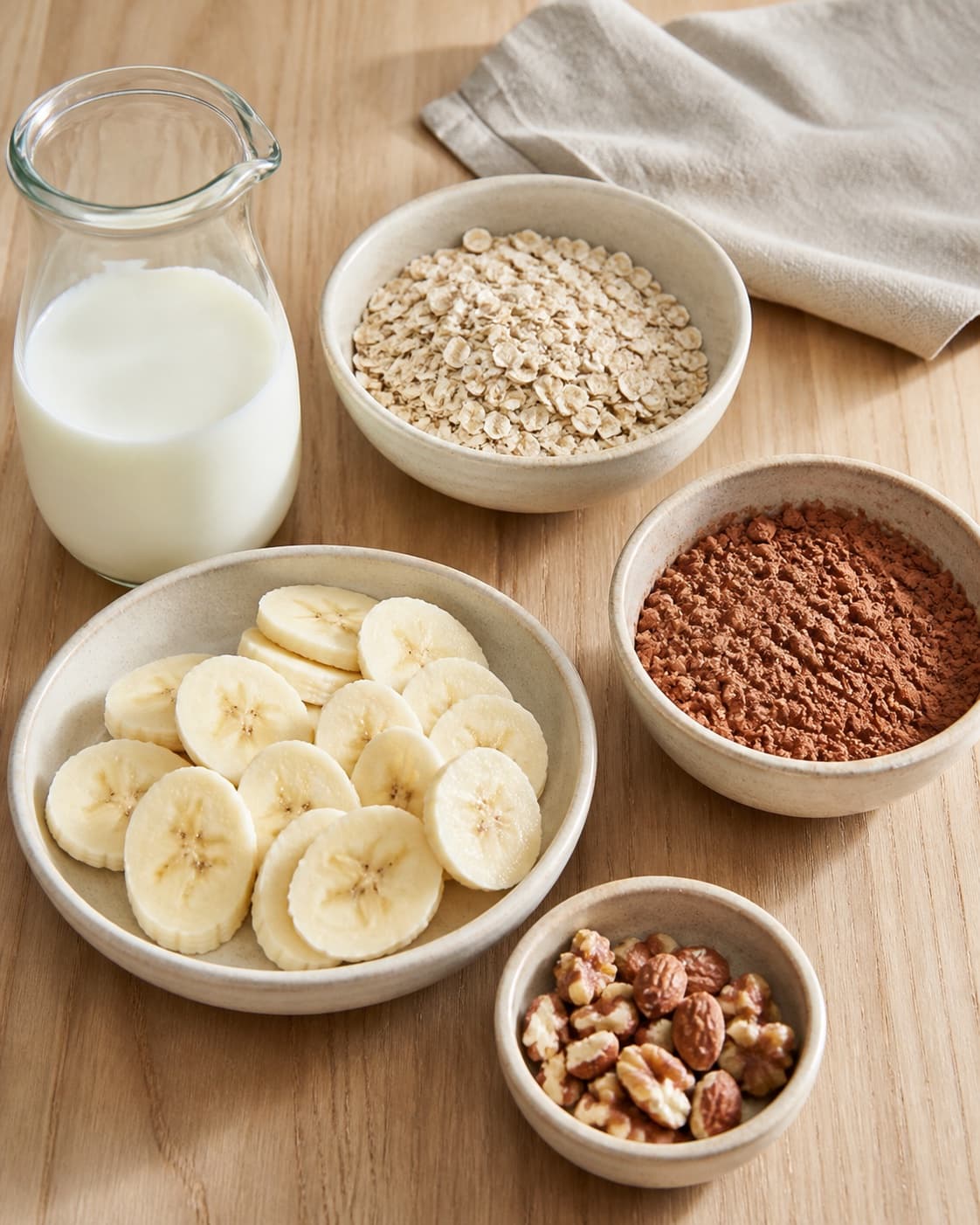 Mise en place for chokoladegrød med kakao with grove havregryn, sødmælk, kakao, modne bananer under tilberedningen af chokoladegrød med kakao