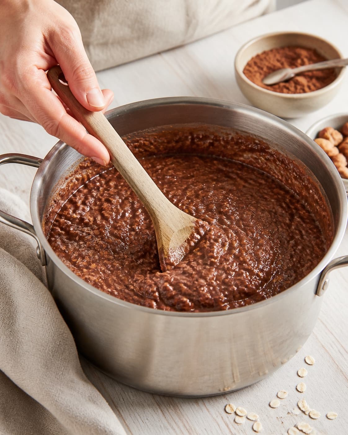 The texture of chokoladegrød med kakao being adjusted in the pot under tilberedningen af chokoladegrød med kakao