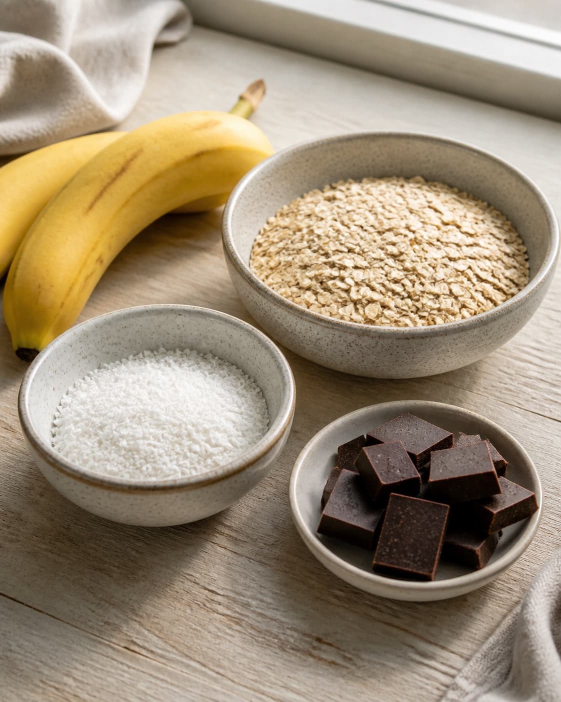 Measured ingredients for sunde cookies med kokos og chokolade arranged separately with grove havregryn, kokosmel, modne bananer, mørk chokolade under tilberedningen af sunde cookies med kokos og chokolade
