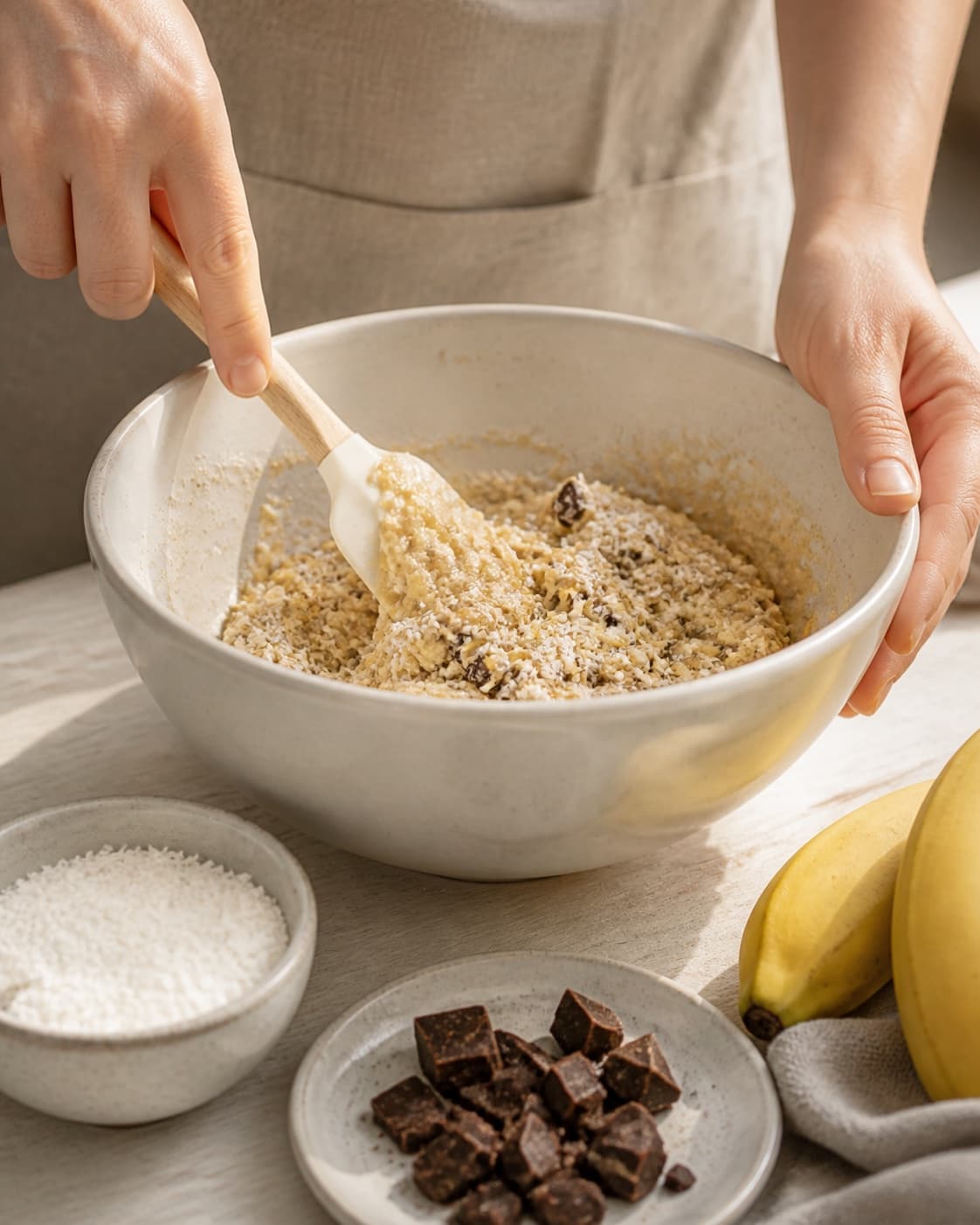 The batter or dough for sunde cookies med kokos og chokolade being gently combined under tilberedningen af sunde cookies med kokos og chokolade