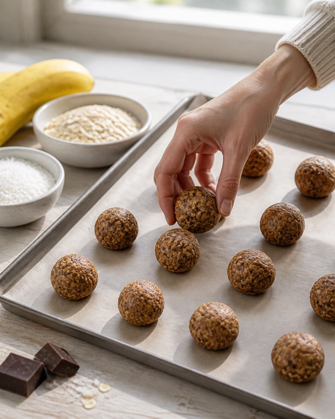 sunde cookies med kokos og chokolade being portioned evenly before baking under tilberedningen af sunde cookies med kokos og chokolade