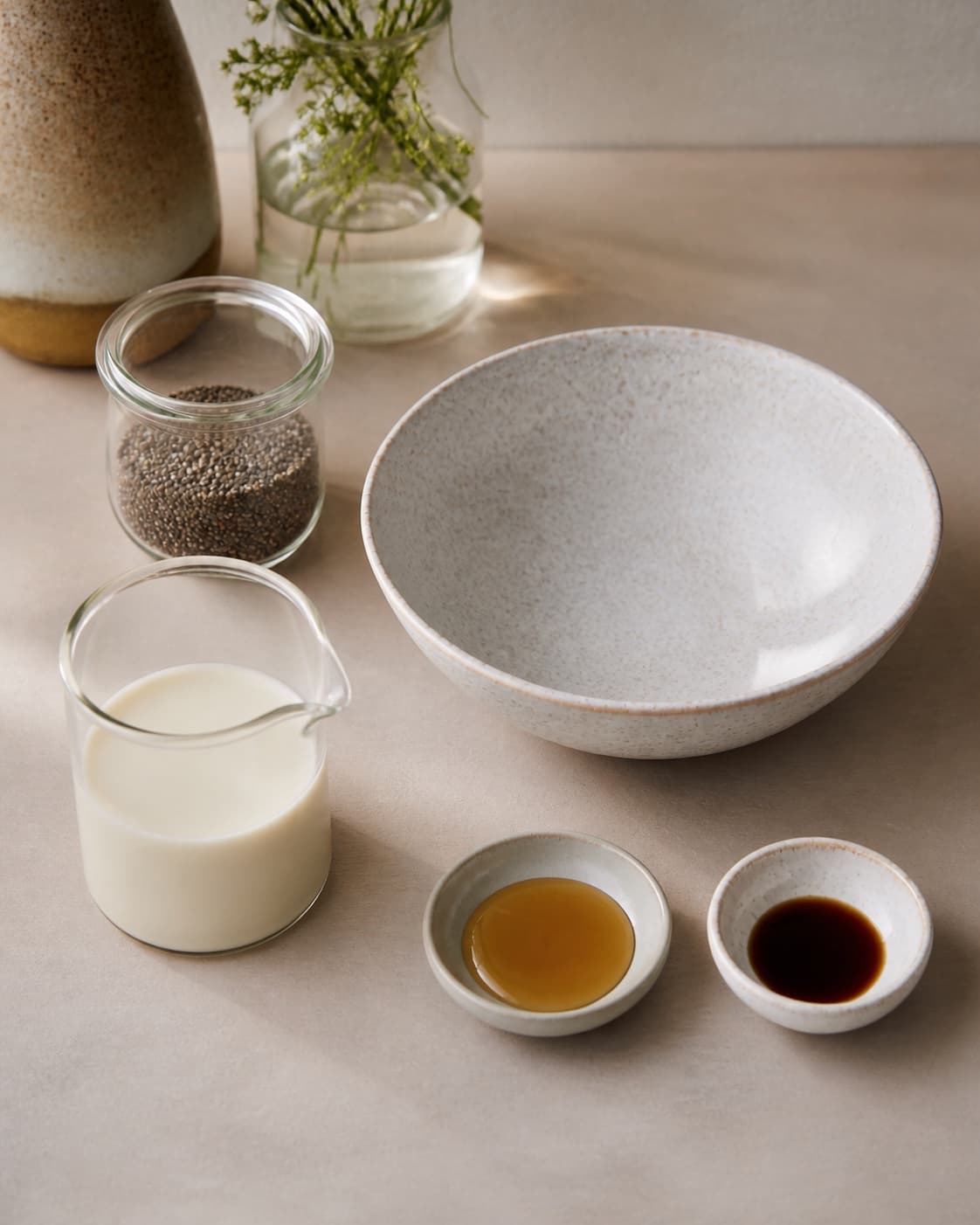 Mise en place for chiagrød – nem grundopskrift with chiafrø, havredrik, vanilje, honning under tilberedningen af chiagrød – nem grundopskrift