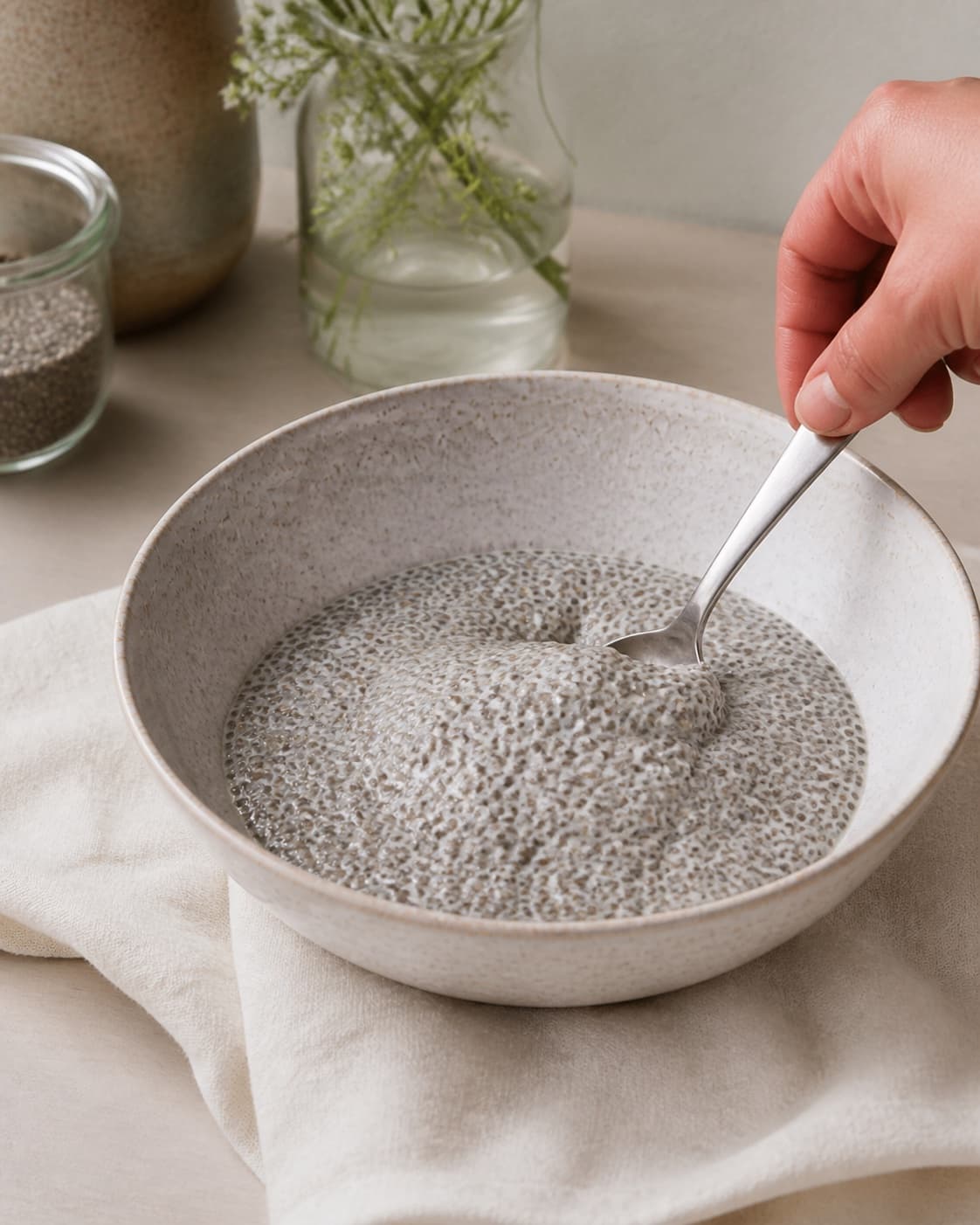 The texture of chiagrød – nem grundopskrift being adjusted in the pot under tilberedningen af chiagrød – nem grundopskrift