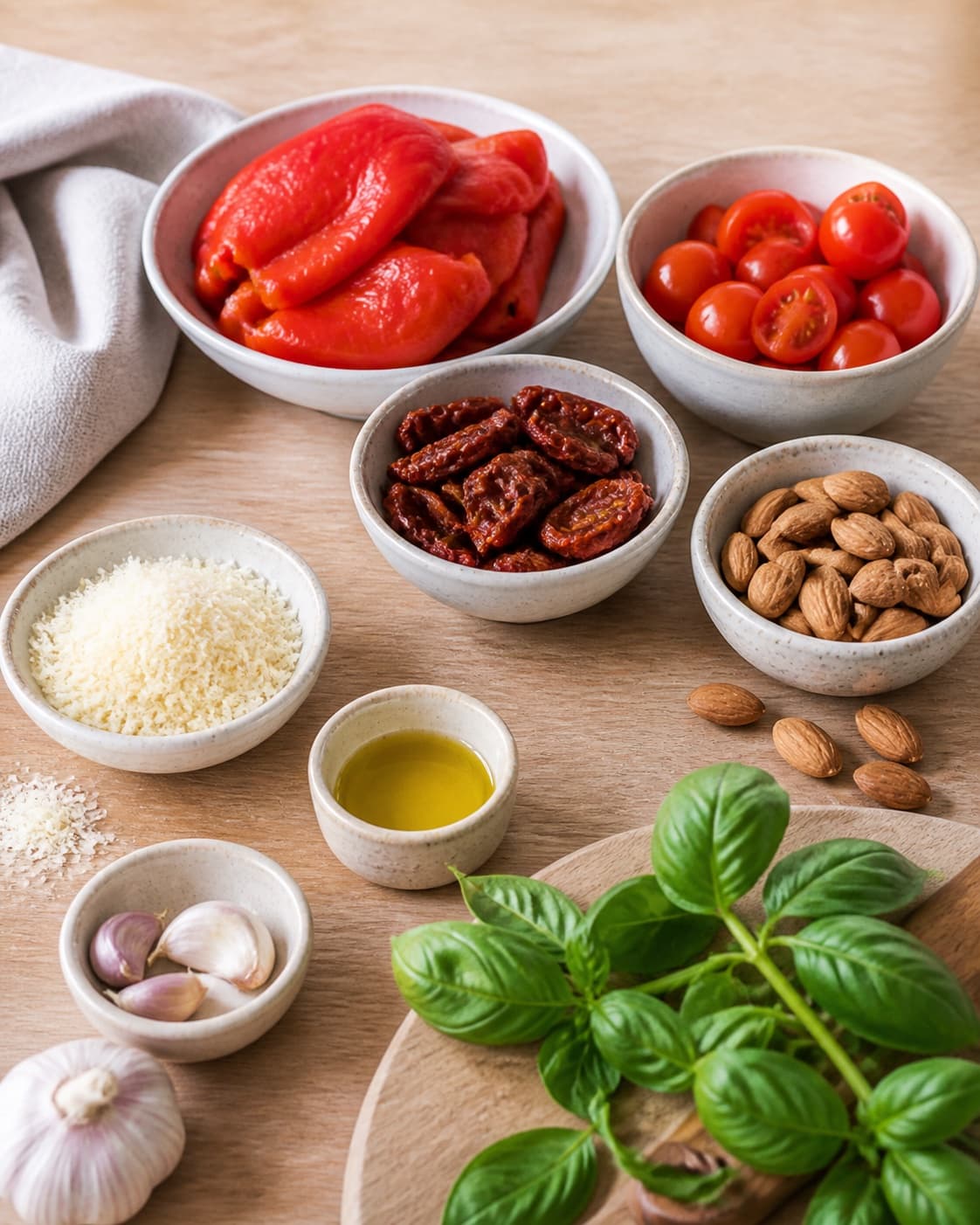 Mise en place for hjemmelavet rød pesto med tomat og peberfrugt with soltørrede tomater, ristet rød peberfrugt, mandler, parmesan under tilberedningen af hjemmelavet rød pesto med tomat og peberfrugt