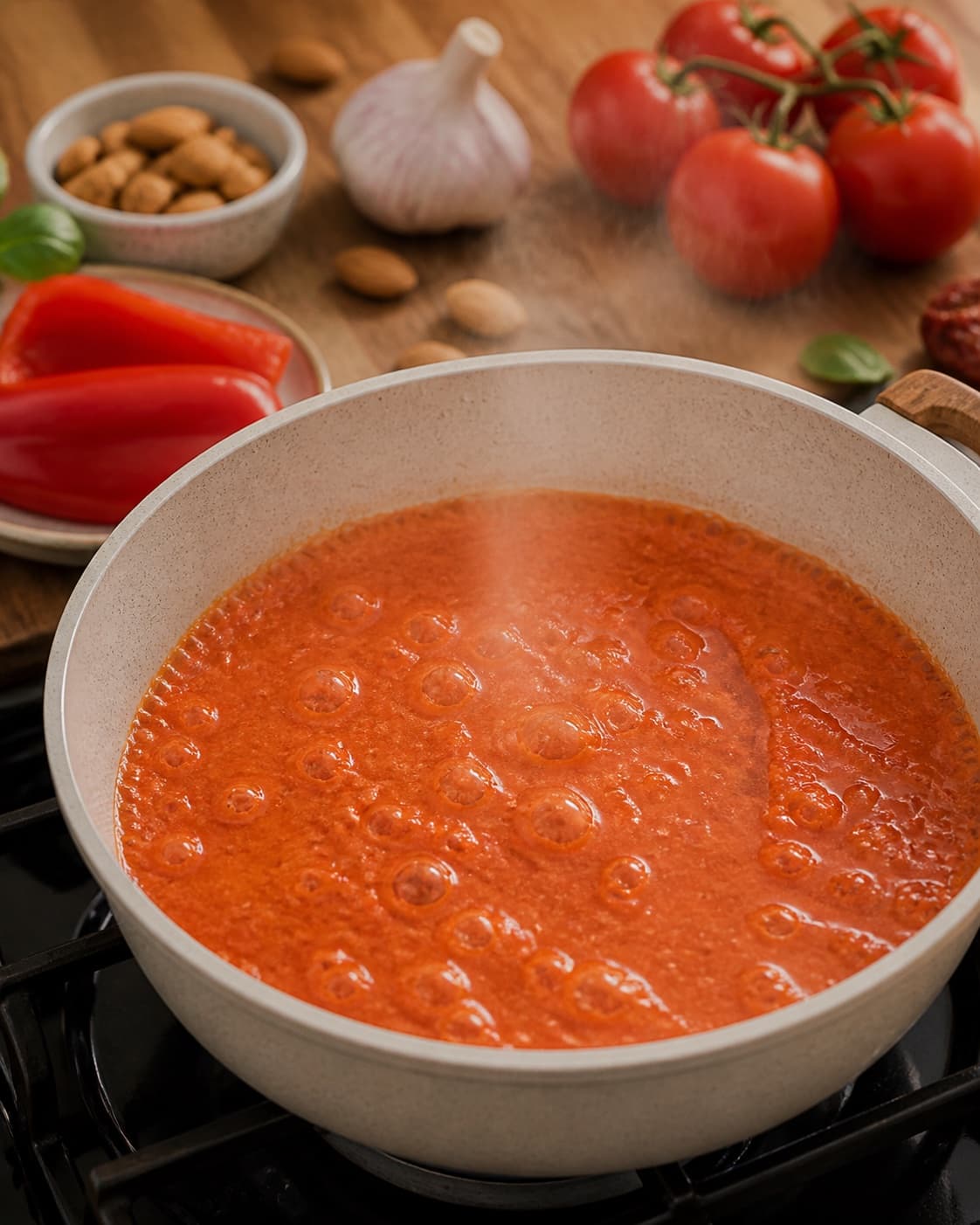 hjemmelavet rød pesto med tomat og peberfrugt gently simmering with visible ingredients under tilberedningen af hjemmelavet rød pesto med tomat og peberfrugt