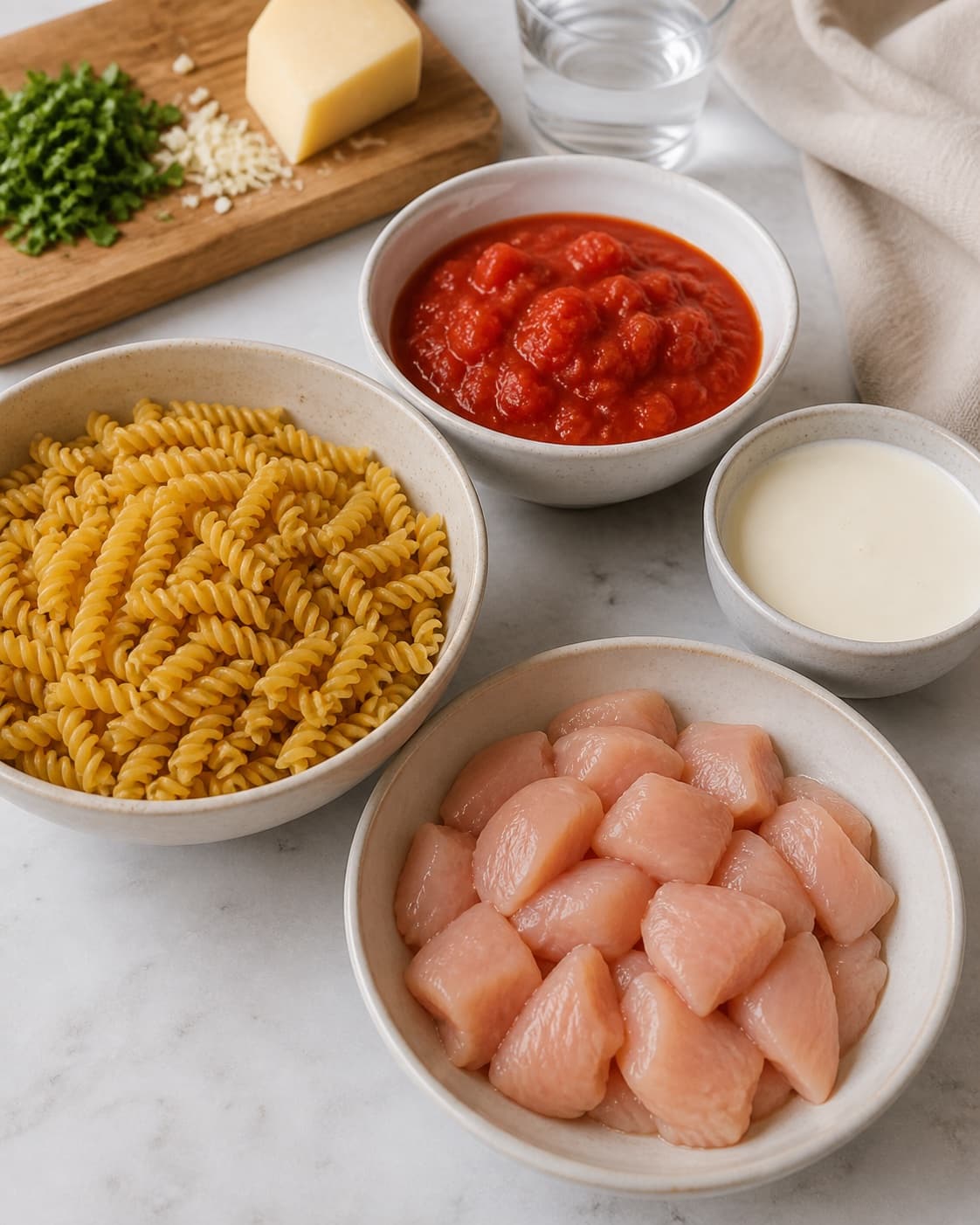Mise en place for one pot pasta med kylling i cremet tomatsauce with tørret pasta, kyllingebryst, hakkede tomater, madlavningsfløde under tilberedningen af one pot pasta med kylling i cremet tomatsauce