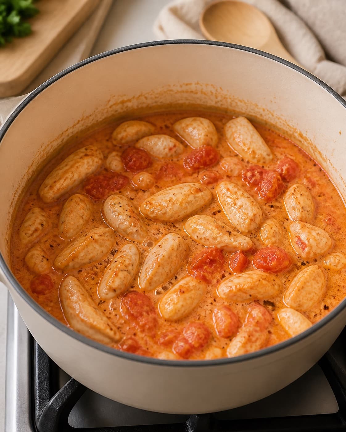 Aromatic base for one pot pasta med kylling i cremet tomatsauce gently cooking in a pot under tilberedningen af one pot pasta med kylling i cremet tomatsauce