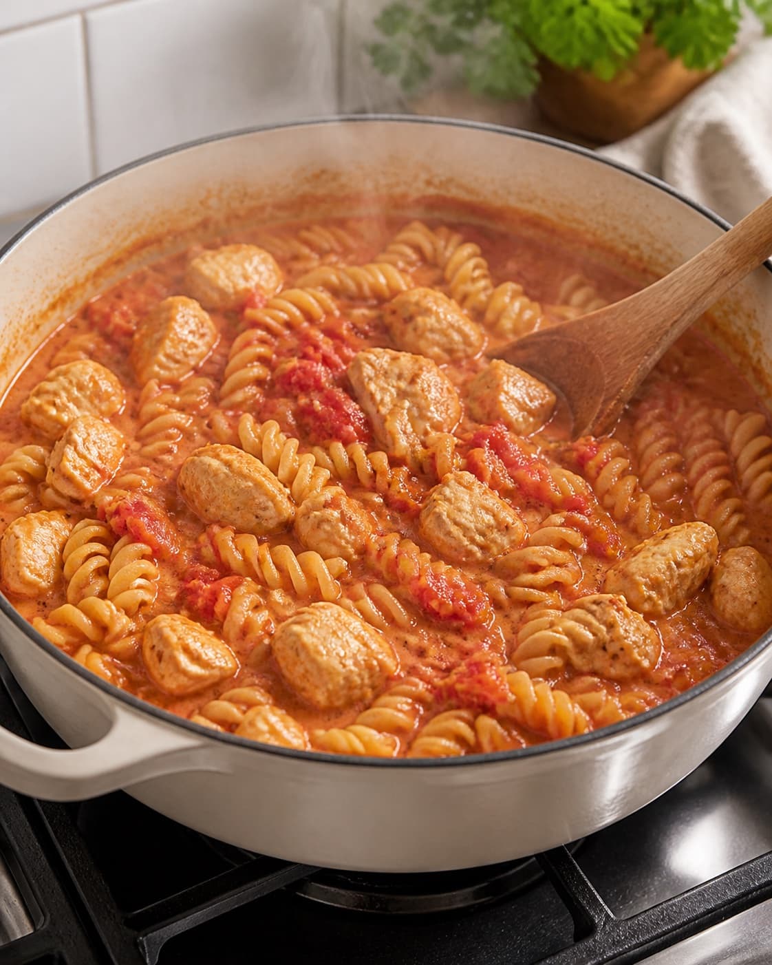 one pot pasta med kylling i cremet tomatsauce gently simmering with visible ingredients under tilberedningen af one pot pasta med kylling i cremet tomatsauce
