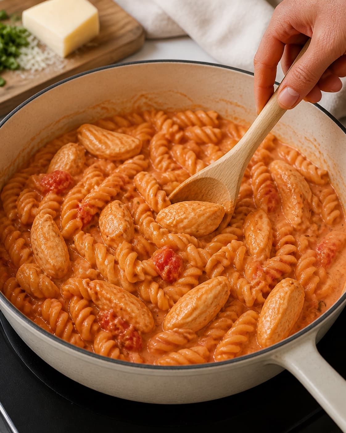 The texture of one pot pasta med kylling i cremet tomatsauce being adjusted in the pot under tilberedningen af one pot pasta med kylling i cremet tomatsauce