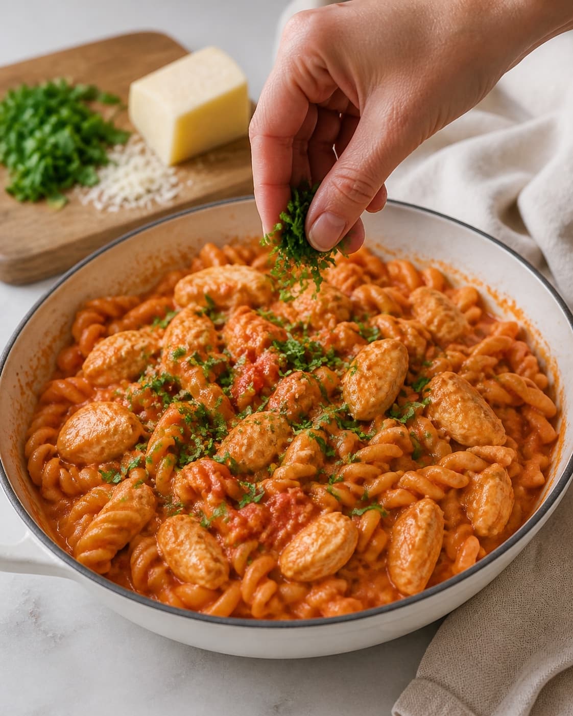 Finished one pot pasta med kylling i cremet tomatsauce being served with a fresh restrained garnish under tilberedningen af one pot pasta med kylling i cremet tomatsauce