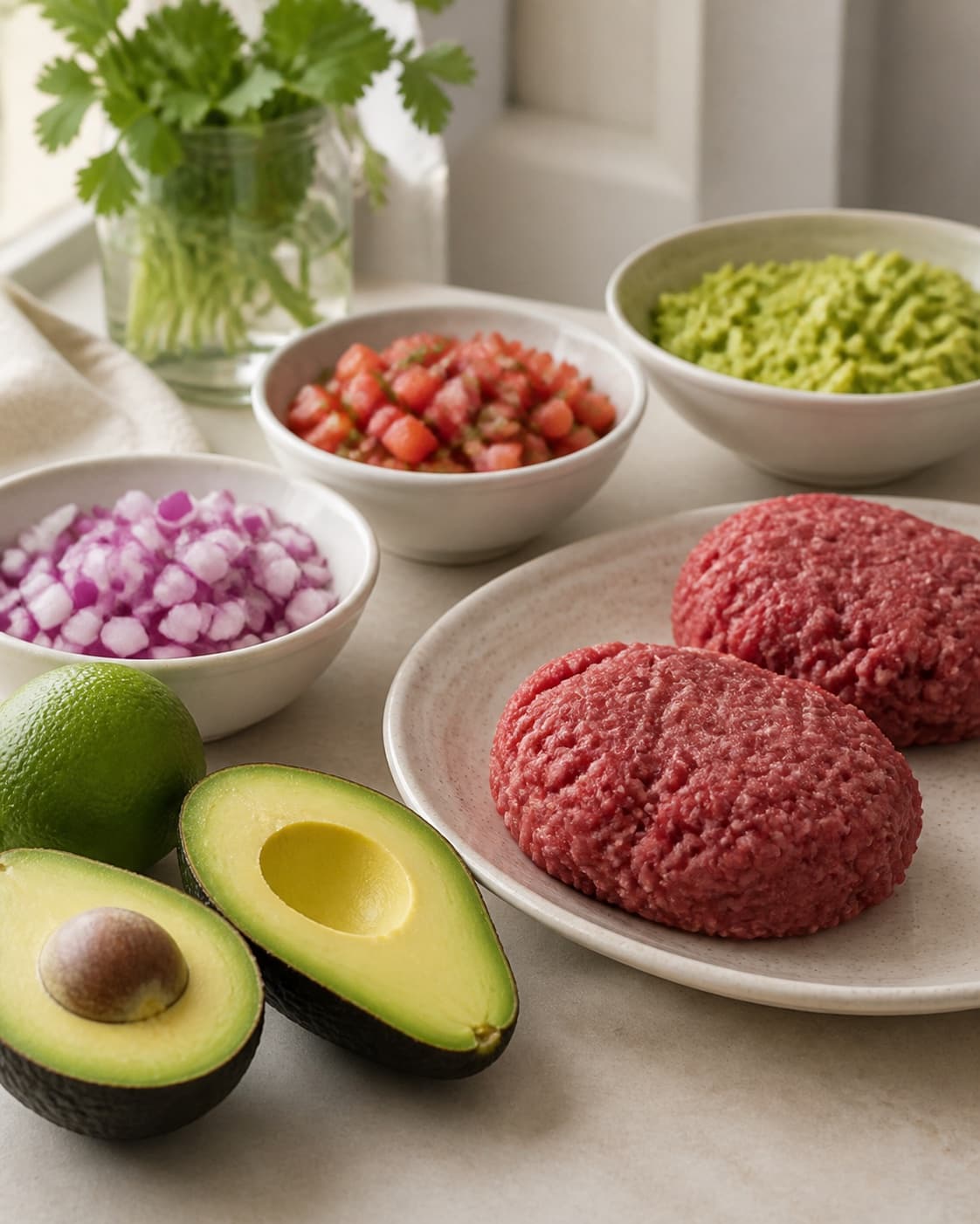 Clean prepared ingredients for mexicansk burger med guacamole og salsa with modne avocadoer, økologisk lime, rødløg, hakket oksekød under tilberedningen af mexicansk burger med guacamole og salsa
