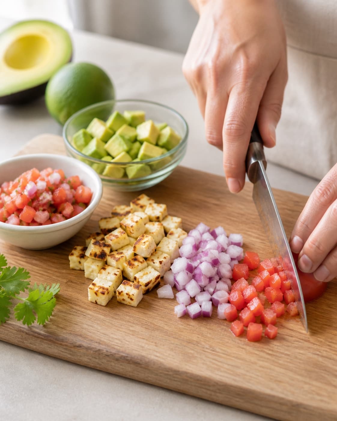 Ingredients for mexicansk burger med guacamole og salsa being cut into even pieces under tilberedningen af mexicansk burger med guacamole og salsa