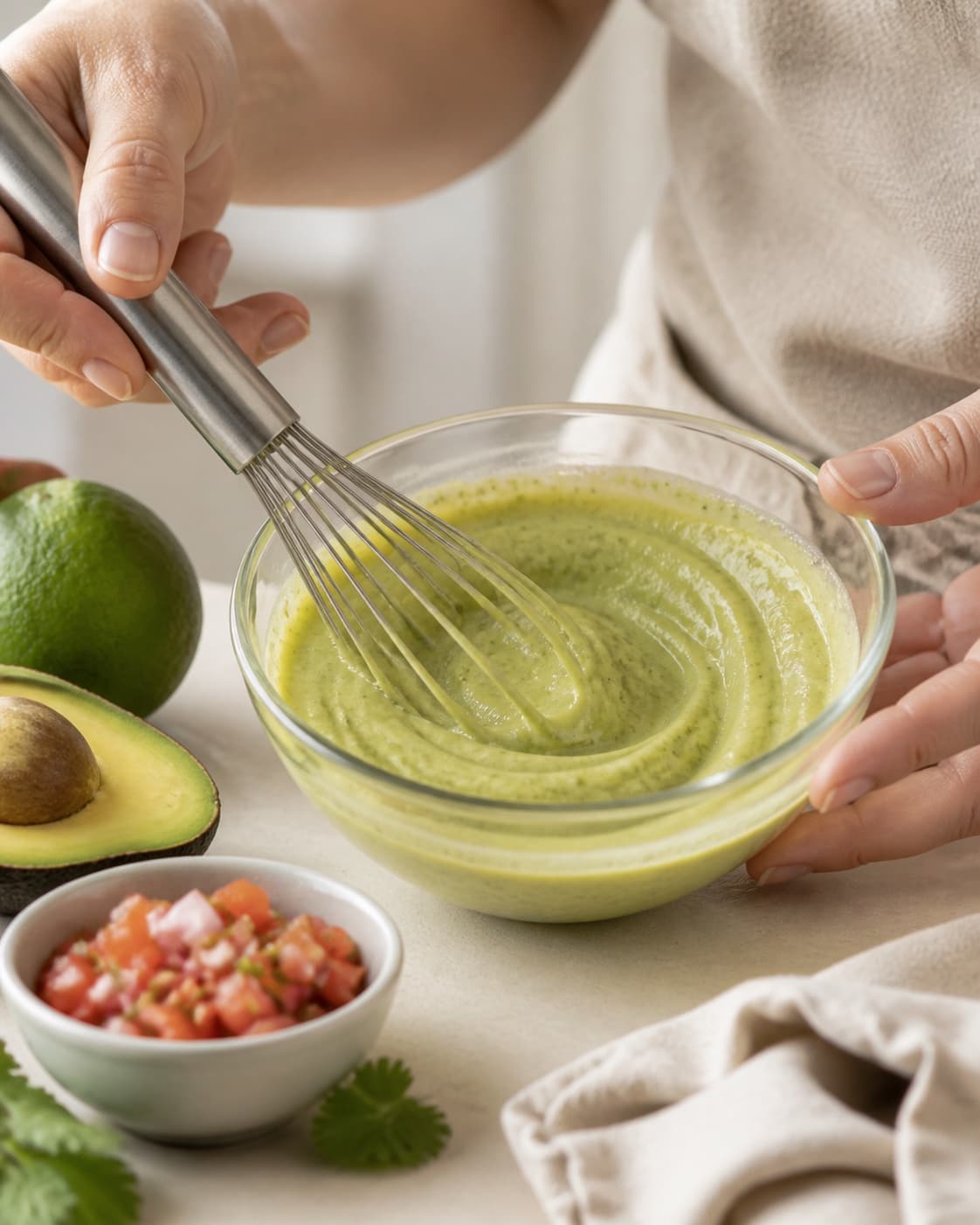 Dressing for mexicansk burger med guacamole og salsa being whisked until glossy under tilberedningen af mexicansk burger med guacamole og salsa