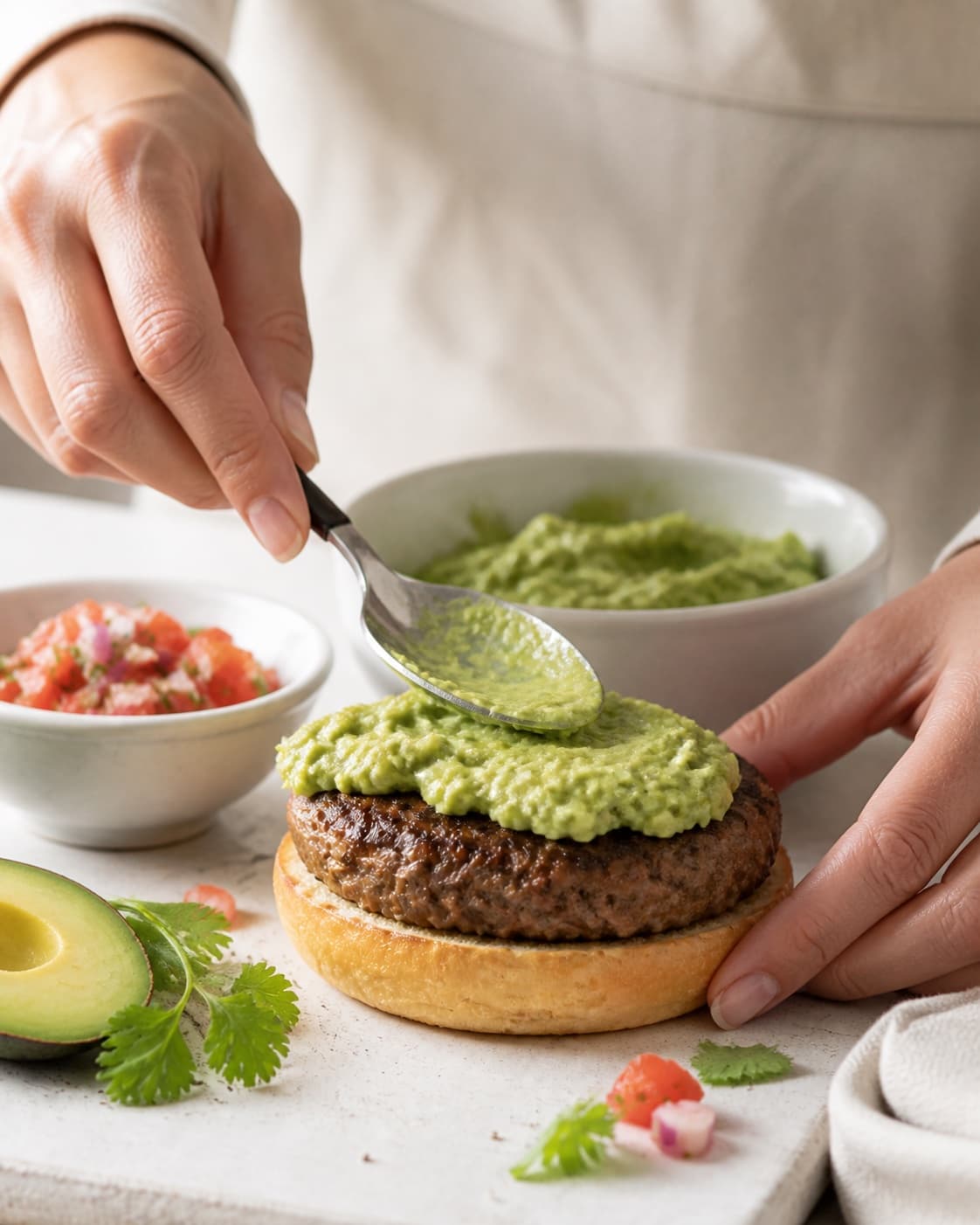 mexicansk burger med guacamole og salsa being gently combined without crushing the ingredients under tilberedningen af mexicansk burger med guacamole og salsa
