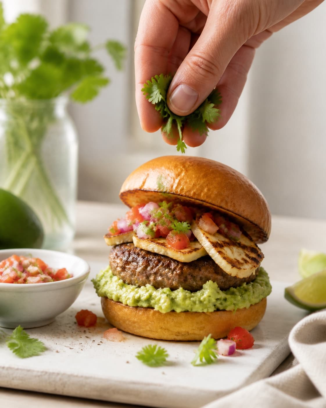 Fresh finished mexicansk burger med guacamole og salsa receiving its final garnish under tilberedningen af mexicansk burger med guacamole og salsa