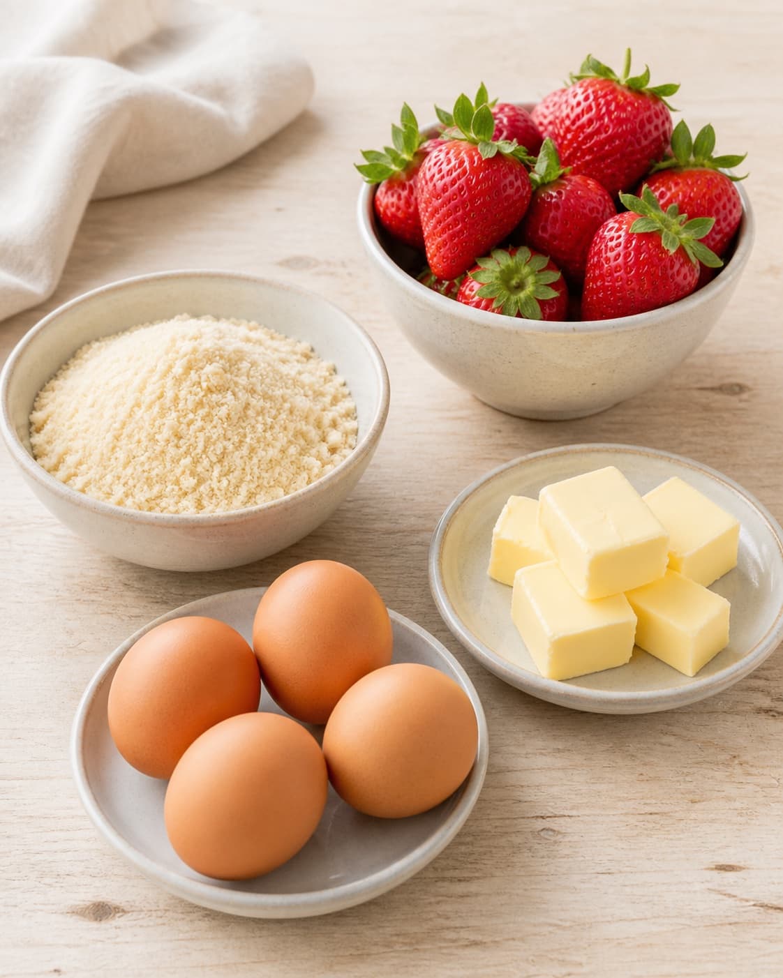 Measured ingredients for sund jordbærtærte arranged separately with jordbær, mandelmel, æg, smør under tilberedningen af sund jordbærtærte