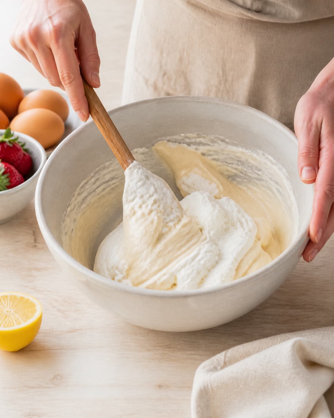 The batter or dough for sund jordbærtærte being gently combined under tilberedningen af sund jordbærtærte