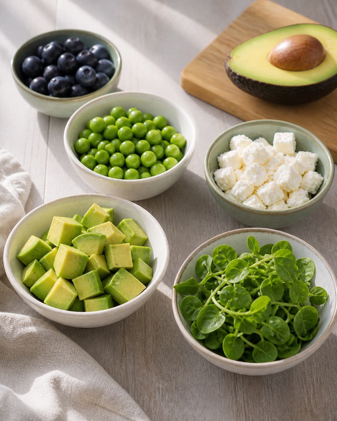 Clean prepared ingredients for salat med blåbær, feta, ærter og avocado with blåbær, feta, grønne ærter, modne avocadoer under tilberedningen af salat med blåbær, feta, ærter og avocado