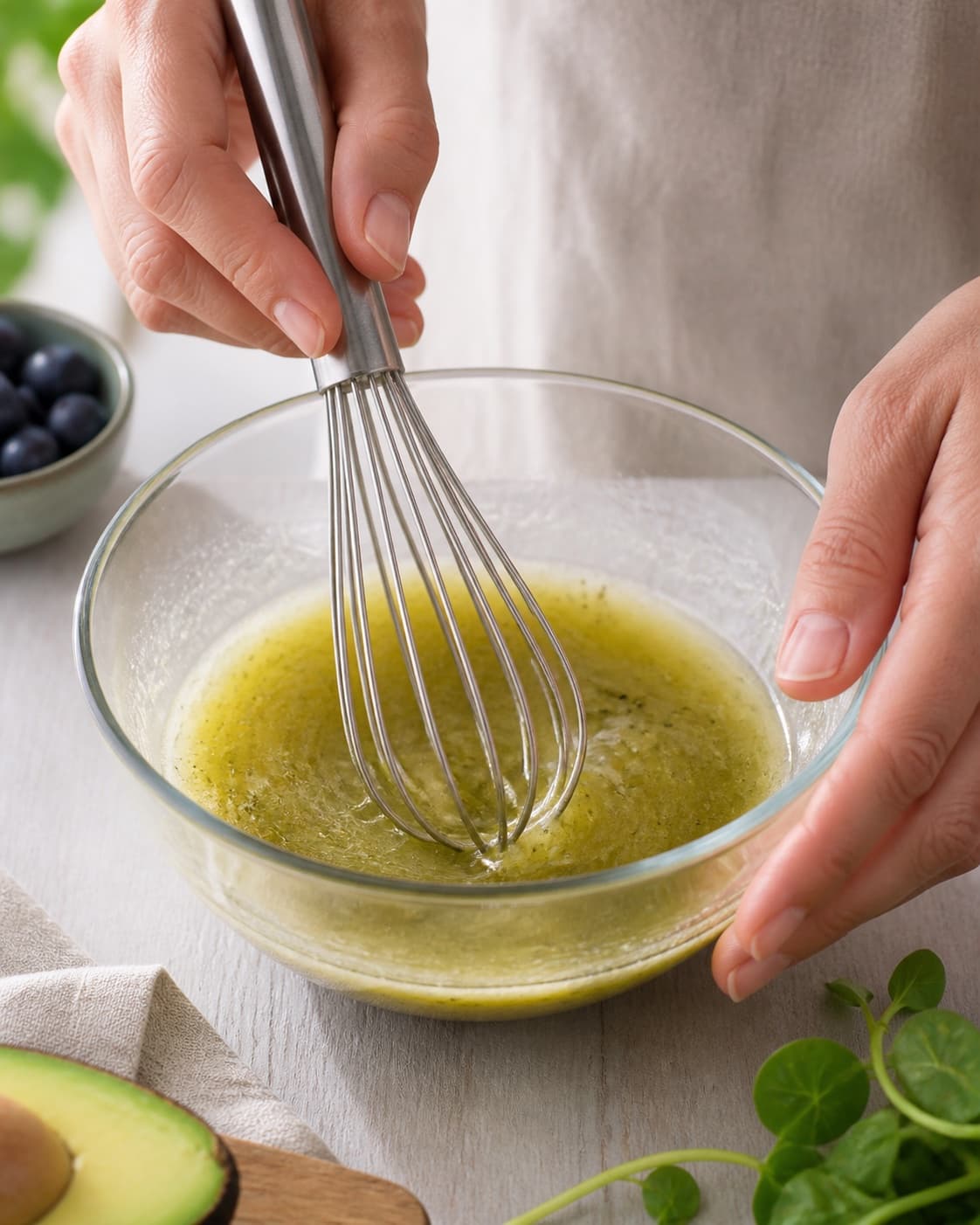 Dressing for salat med blåbær, feta, ærter og avocado being whisked until glossy under tilberedningen af salat med blåbær, feta, ærter og avocado