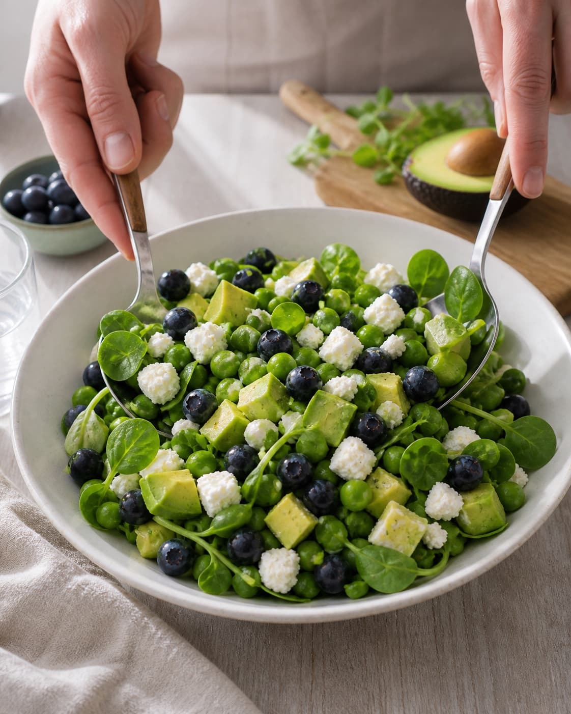salat med blåbær, feta, ærter og avocado being gently combined without crushing the ingredients under tilberedningen af salat med blåbær, feta, ærter og avocado