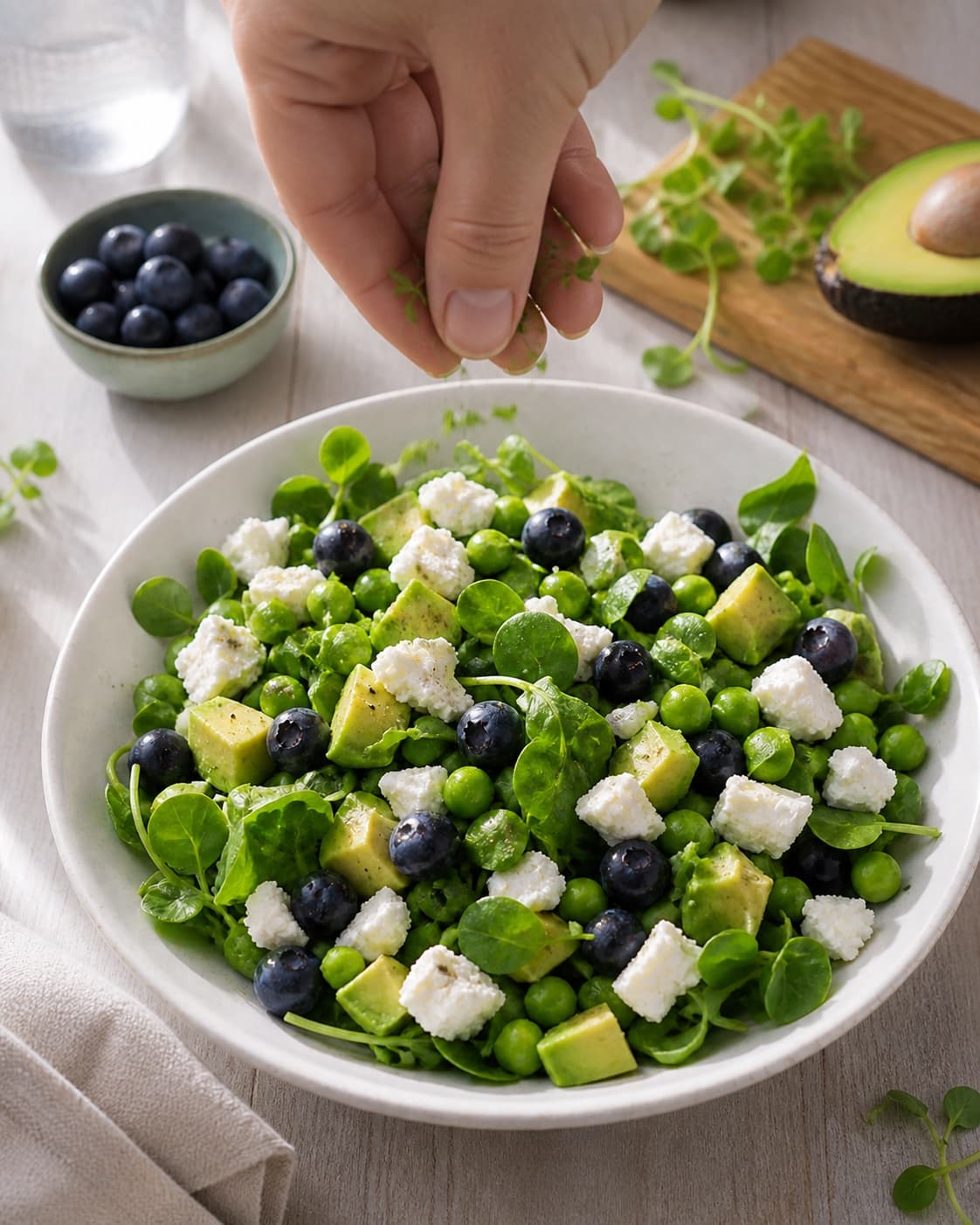 Fresh finished salat med blåbær, feta, ærter og avocado receiving its final garnish under tilberedningen af salat med blåbær, feta, ærter og avocado