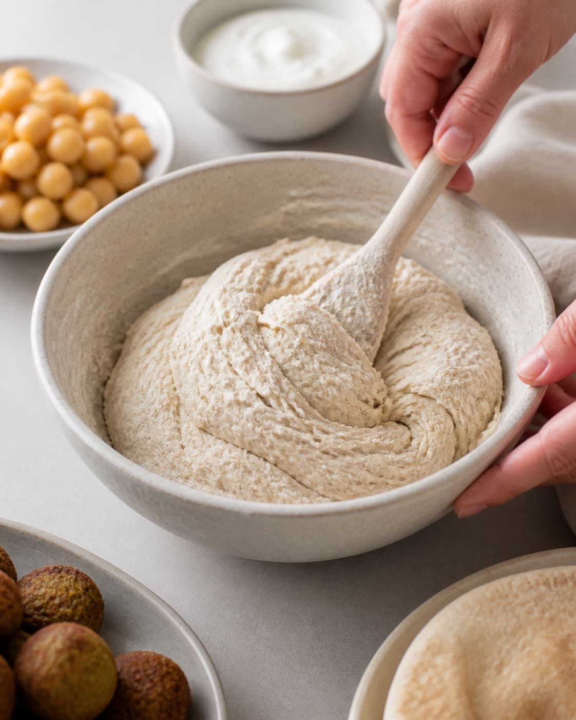Close view of the moist dough for pitabrød med falafel og hvidløgsdressing being mixed in a bowl with pitabrød, falafler, kogte kikærter, græsk yoghurt under tilberedningen af pitabrød med falafel og hvidløgsdressing