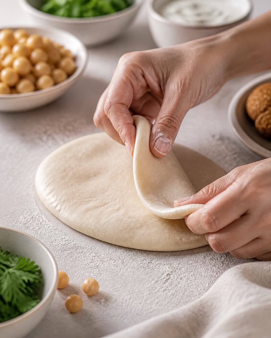 Hands gently folding elastic dough for pitabrød med falafel og hvidløgsdressing under tilberedningen af pitabrød med falafel og hvidløgsdressing