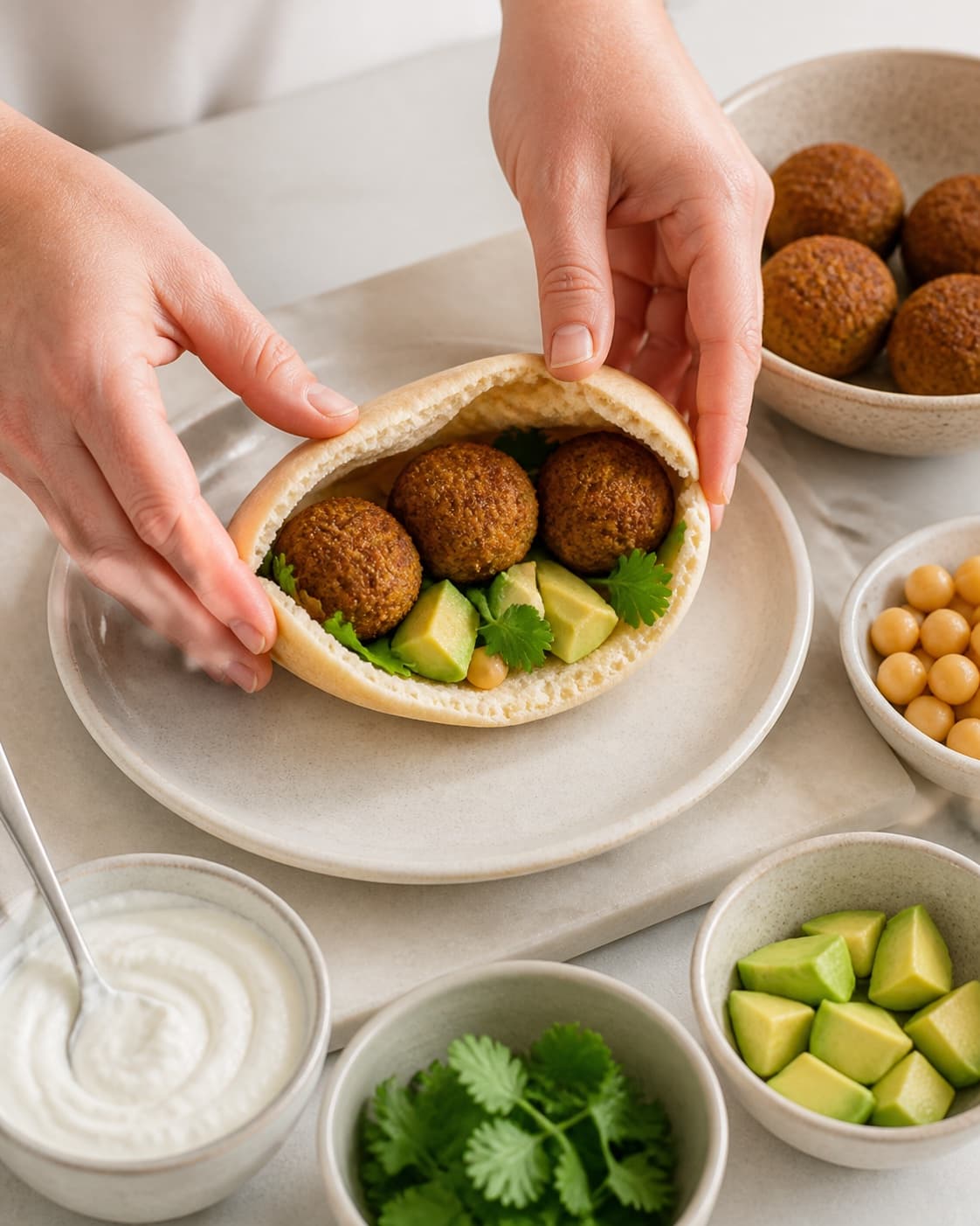 Even pieces of pitabrød med falafel og hvidløgsdressing being shaped before baking under tilberedningen af pitabrød med falafel og hvidløgsdressing
