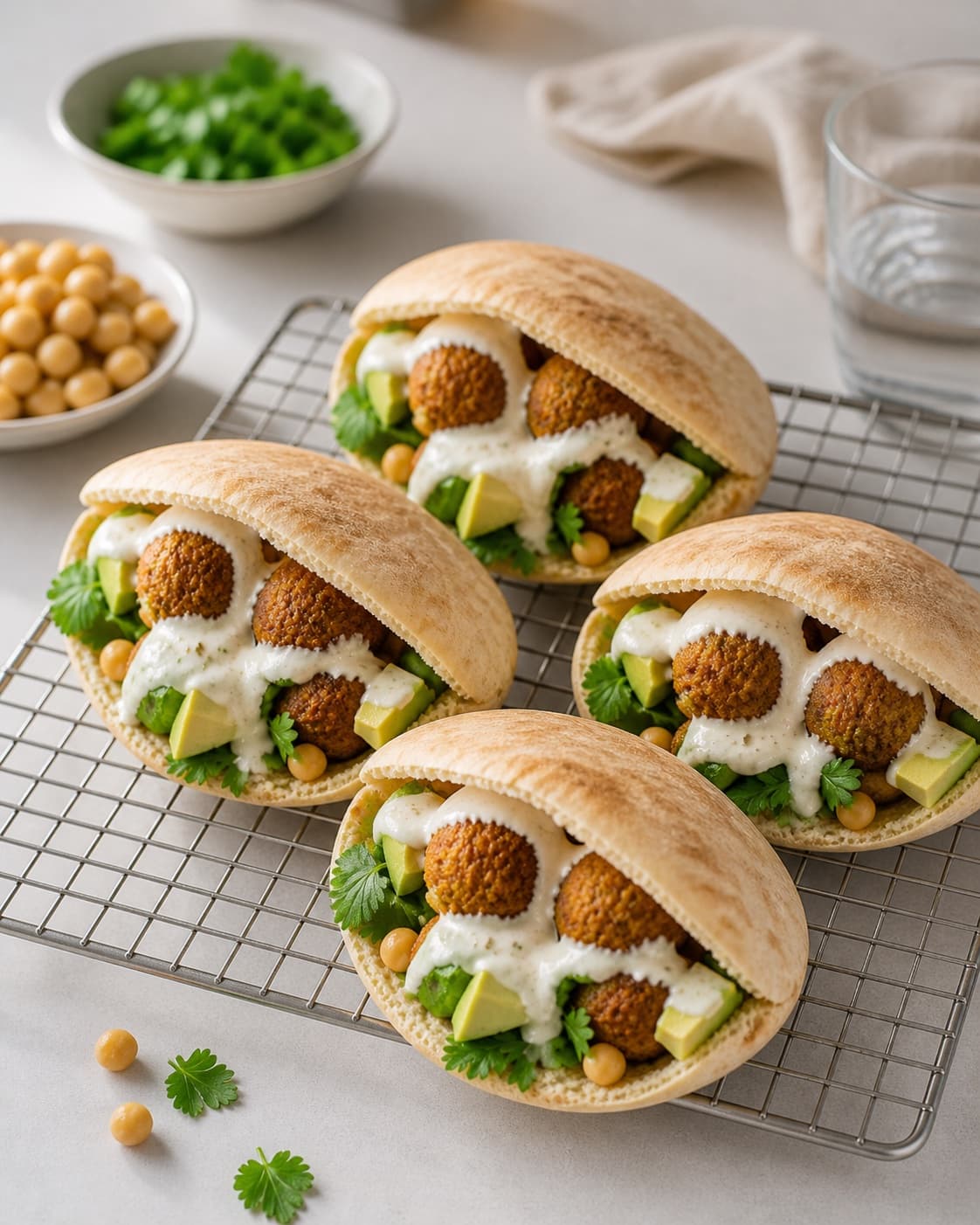 Golden baked pitabrød med falafel og hvidløgsdressing cooling on a wire rack under tilberedningen af pitabrød med falafel og hvidløgsdressing