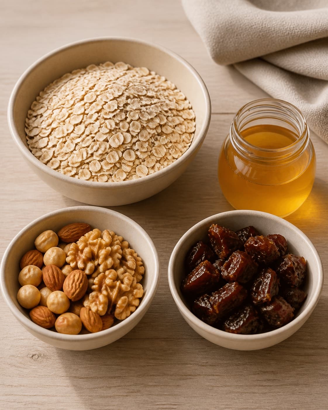 Measured ingredients for hjemmelavet müslibar arranged separately with grove havregryn, blandede nødder, bløde dadler, honning under tilberedningen af hjemmelavet müslibar