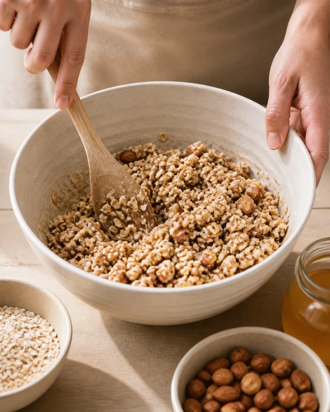 The batter or dough for hjemmelavet müslibar being gently combined under tilberedningen af hjemmelavet müslibar
