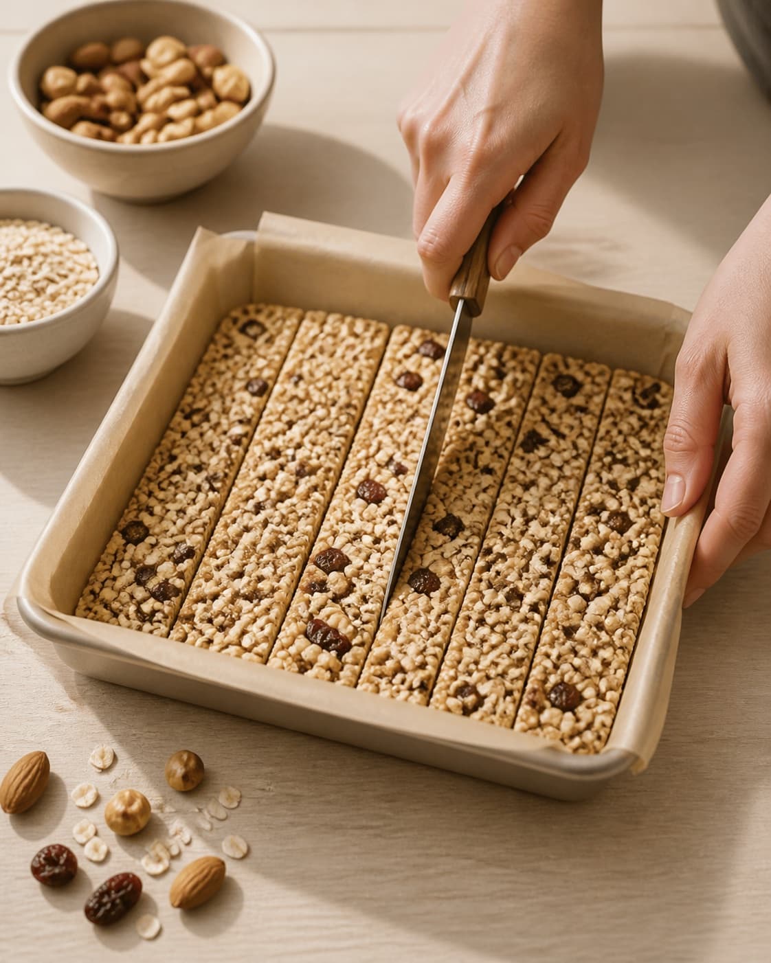 hjemmelavet müslibar being portioned evenly before baking under tilberedningen af hjemmelavet müslibar